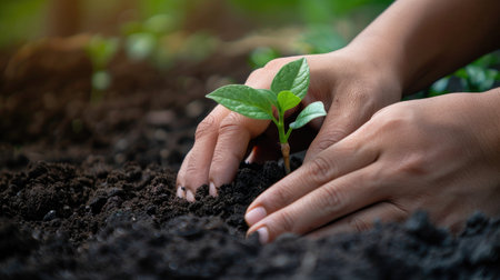 Close-up of hands placing a young seedling in soil, representing the protection and nurturing of nature.の素材