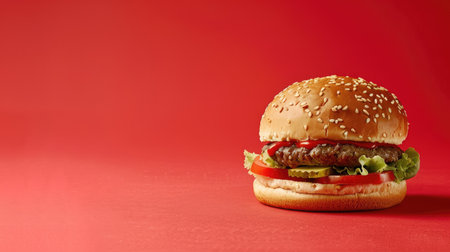 Juicy burger on a vibrant red background, with ample space around for additional text or images.の素材