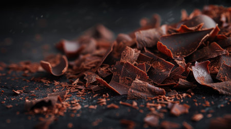 Dark chocolate shavings on a dark background, illustrating the richness and depth of flavor.の素材