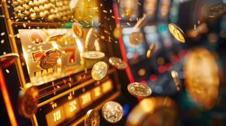 Slot machine jackpot with golden coins flowing out, capturing the thrill of gambling and big wins.の素材