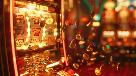 Retro slot machine pouring out coins, symbolizing luck and fortune in a vibrant casino setting.の素材