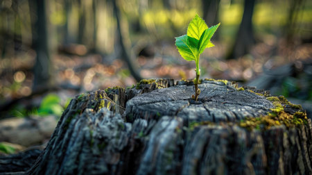A young tree sapling emerging from a decayed trunk, showcasing the beauty of new life in old wood.の素材