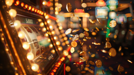 Slot machine with a shower of coins, highlighting the moment of hitting a big win in a casino.の素材