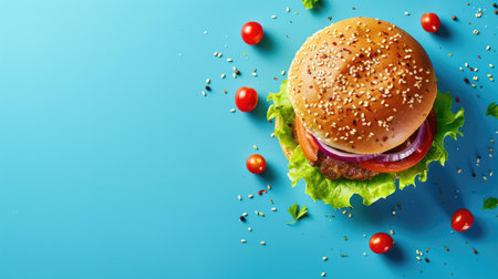 Mouth-watering burger on a bold blue background, with lots of empty space for adding text or other visuals.の素材