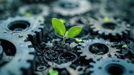 Mechanized gears leading up to a tree sprout, symbolizing the integration of technology with natural growth.の素材