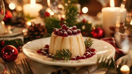 A festive setting with panna cotta as the centerpiece dessert, surrounded by holiday decorations and candlesの素材