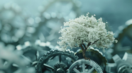 Spinning gears evolving into a blooming tree, depicting the balance between industrial progress and ecological sustainabilityの素材