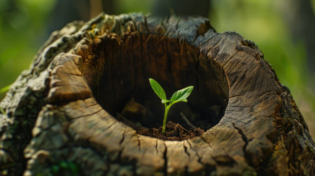 Close-up of a sapling growing within the hollow of a dead tree trunk, emphasizing renewal and natural cycles.の素材