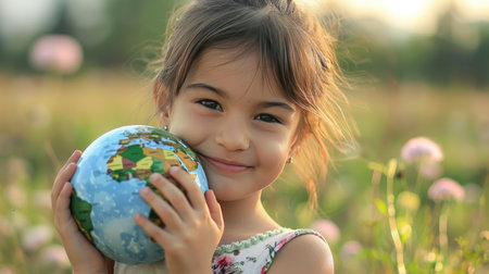 Young girl holding a globe close, showing love and dedication to preserving the earth.の素材