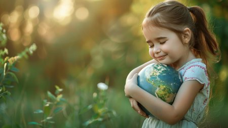 A young girl hugging a globe, symbolizing love and protection for the planet, with a serene natural background.の素材