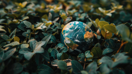 A small globe encircled by green leaves, set in nature, representing the bond between the earth and its environmentの素材
