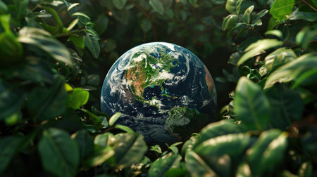 The earth encompassed by green foliage, illustrating the importance of environmental conservation.の素材