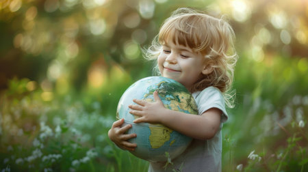 Child hugging a globe with a gentle smile, symbolizing the love and protection of the earth.の素材