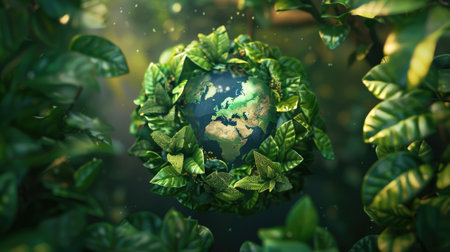 Earth wrapped in a ring of green leaves in a natural setting, symbolizing the unity of nature and the planet.の素材