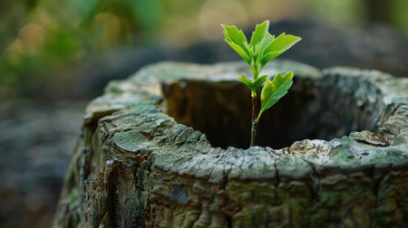Close-up of a sapling growing within the hollow of a dead tree trunk, emphasizing renewal and natural cycles.の素材
