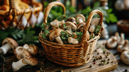 A rustic basket filled with fresh porcini mushrooms, sesame mushrooms, and aromatic herbs and spices, arranged artfully on a wooden table.の素材
