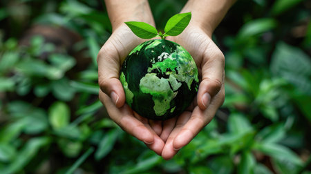 Hands presenting a small green world, signifying environmental stewardship, with a blank area for text.の素材
