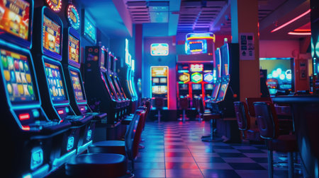 Empty casino with brightly lit slot machines and silent gambling tables, no people visible.の素材
