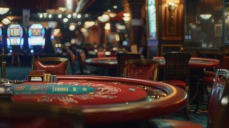 Casino with no patrons, showing empty chairs at poker tables and unattended slot machinesの素材
