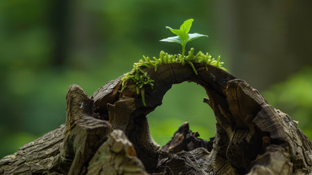 Fresh sapling growing inside an old, dead tree, showcasing the enduring cycle of life and nature's persistence.の素材