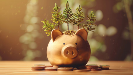 Piggy bank with gold coins and small trees emerging from coin slots, set against a monochrome brown background, promoting sustainable investment.の素材