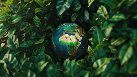 Earth globe surrounded by lush green leaves, signifying global environmental protection and care.の素材