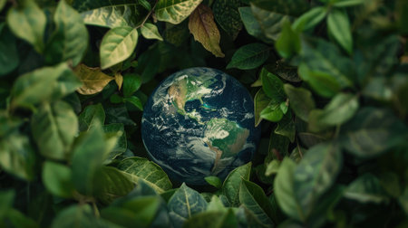 Earth wrapped in a ring of green leaves in a natural setting, symbolizing the unity of nature and the planet.の素材