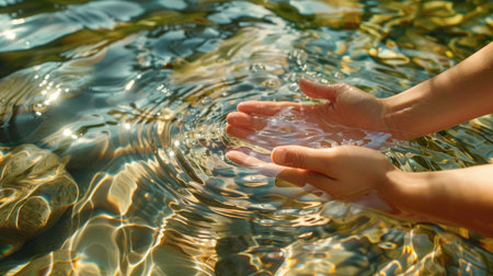 Hands gently touching the crystal-clear water surface of a natural river, showcasing purity and connection with nature.の素材