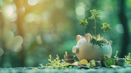 Piggy bank with gold coins and small trees growing out of coin slots, isolated on a green background, symbolizing eco-friendly savings.の素材