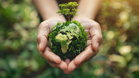 Close-up of hands with a miniature green earth, highlighting the importance of environmental care, with room for textの素材