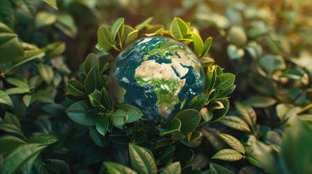 The globe encircled by vibrant green leaves in a lush natural setting, symbolizing environmental harmony.の素材