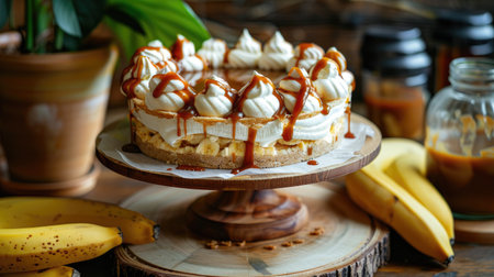 A beautifully decorated Banoffee Pie on a dessert stand, surrounded by fresh bananas and a jar of caramel sauce.の素材