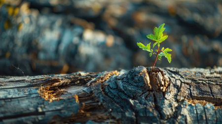 A young tree sapling emerging from a decayed trunk, showcasing the beauty of new life in old wood.の素材