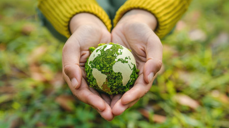 Hands holding a small green world, symbolizing environmental awareness, with ample space for adding text.の素材