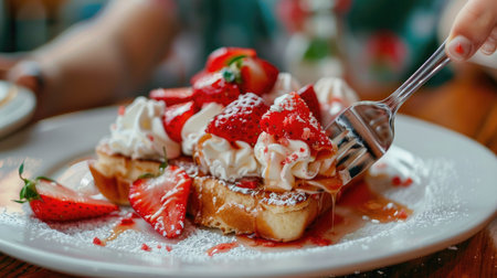 A hand holding a fork, cutting into a piece of French toast topped with strawberries and whipped creamの素材