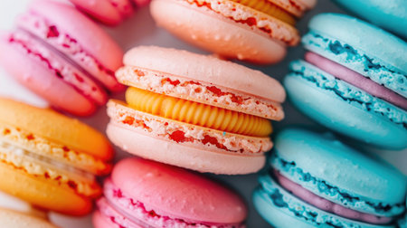 A close-up of colorful macarons stacked in a neat pile on a white background, showcasing their vibrant colors and delicate texture.の素材