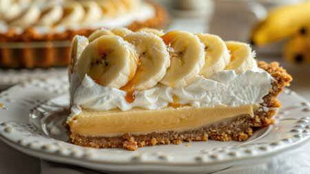 A close-up of a slice of Banoffee Pie, showing layers of bananas, caramel, and whipped cream on a graham cracker crust.の素材
