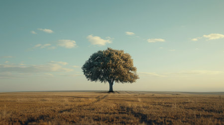 Lone tree standing against the horizon in an empty field, embodying resilience and steadfastness in the face of solitude.の素材