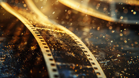 Close-up of an old filmstrip with visible dust particles and scratches, embodying the timeless charm of analog cinema.の素材