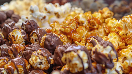 A close-up of gourmet popcorn with unique flavors like chocolate drizzled, caramel, and cheese.の素材