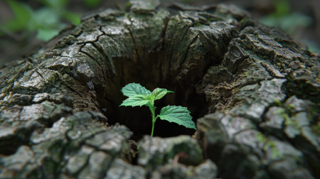 Small green plant growing inside the hollow of a dead tree, illustrating nature's resilience and rebirth.の素材