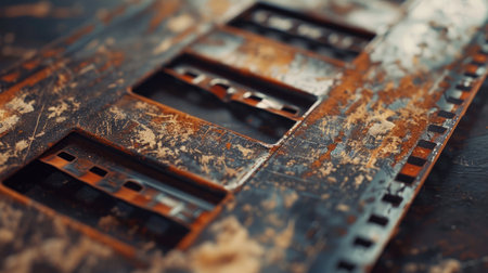 Close-up of an old filmstrip with visible signs of wear and tear, adding a vintage aesthetic to any projectの素材