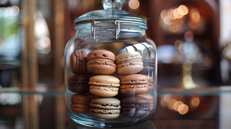 Macarons of different flavors and colors displayed in a glass jar, highlighting their elegance and charm.の素材