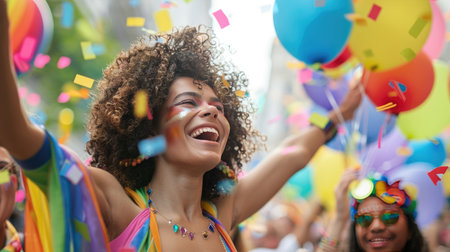 Festive mood at an LGBT parade as happy individuals in rainbow attire revel under a sky decorated with a flurry of colorful balloonsの素材