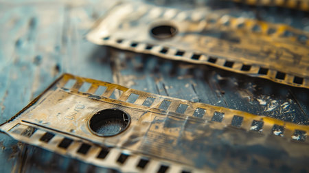 Close-up of an old filmstrip with visible signs of wear and tear, adding a vintage aesthetic to any projectの素材