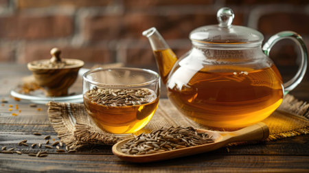 Captivating image of herbal cumin tea in a glass cup and teapot, accompanied by a wooden spoon filled with fragrant cumin seedsの素材
