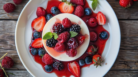 A top-down view of panna cotta topped with mixed berries and a light syrup, set on a wooden table.の素材