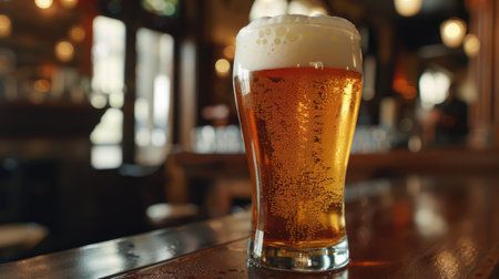 A pint of cold beer with a foamy head, set against a background of a cozy pub, symbolizing a popular social drinkの素材
