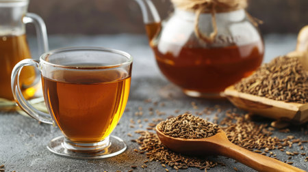 Glass cup filled with fragrant cumin tea, complemented by a glass teapot and a wooden spoon holding dried cumin seeds.の素材