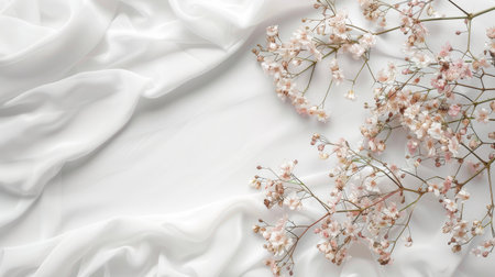 Minimal romance: White satin sheet adorned with soft pink flowers and a blank wedding invitation, showcasing a minimalist aestheticの素材